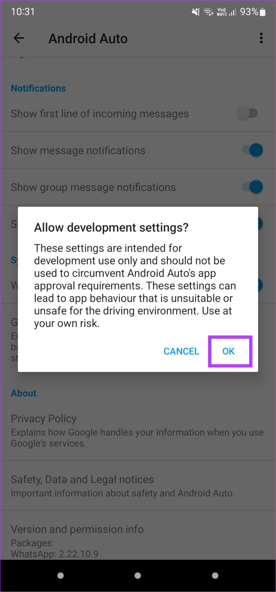 Allow development settings