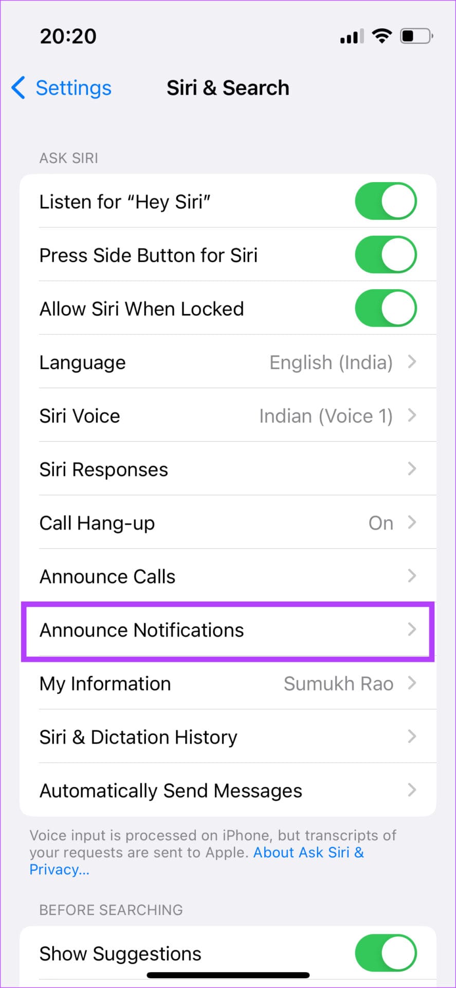 Go to announce notifications in Siri settings