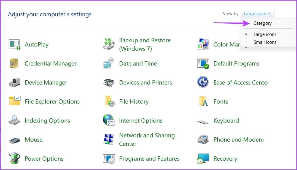 Category option of Control Panel