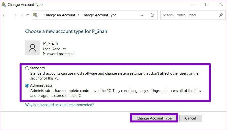 Change Account Type via Control Panel