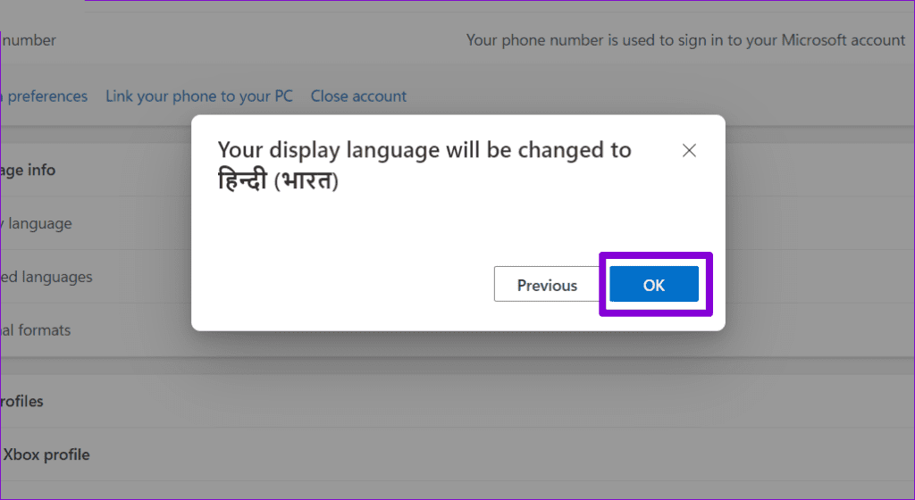 Change Language for Microsoft Profile