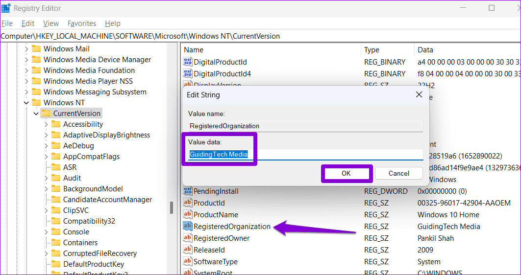 Change Registered Organization Name in Windows 11