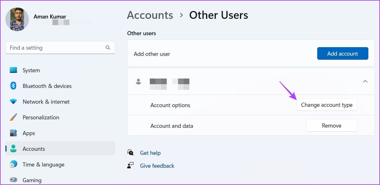 Change account type option in Settings