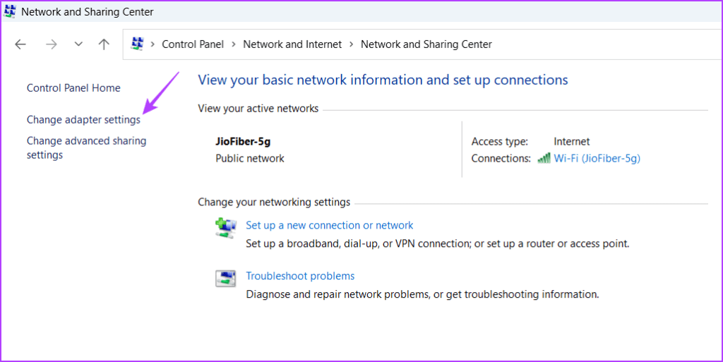 Change adapter settings option in Control Panel 