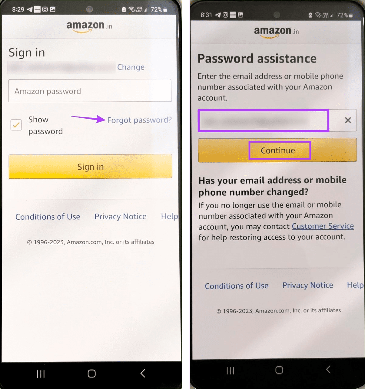 Enter information to reset Amazon password