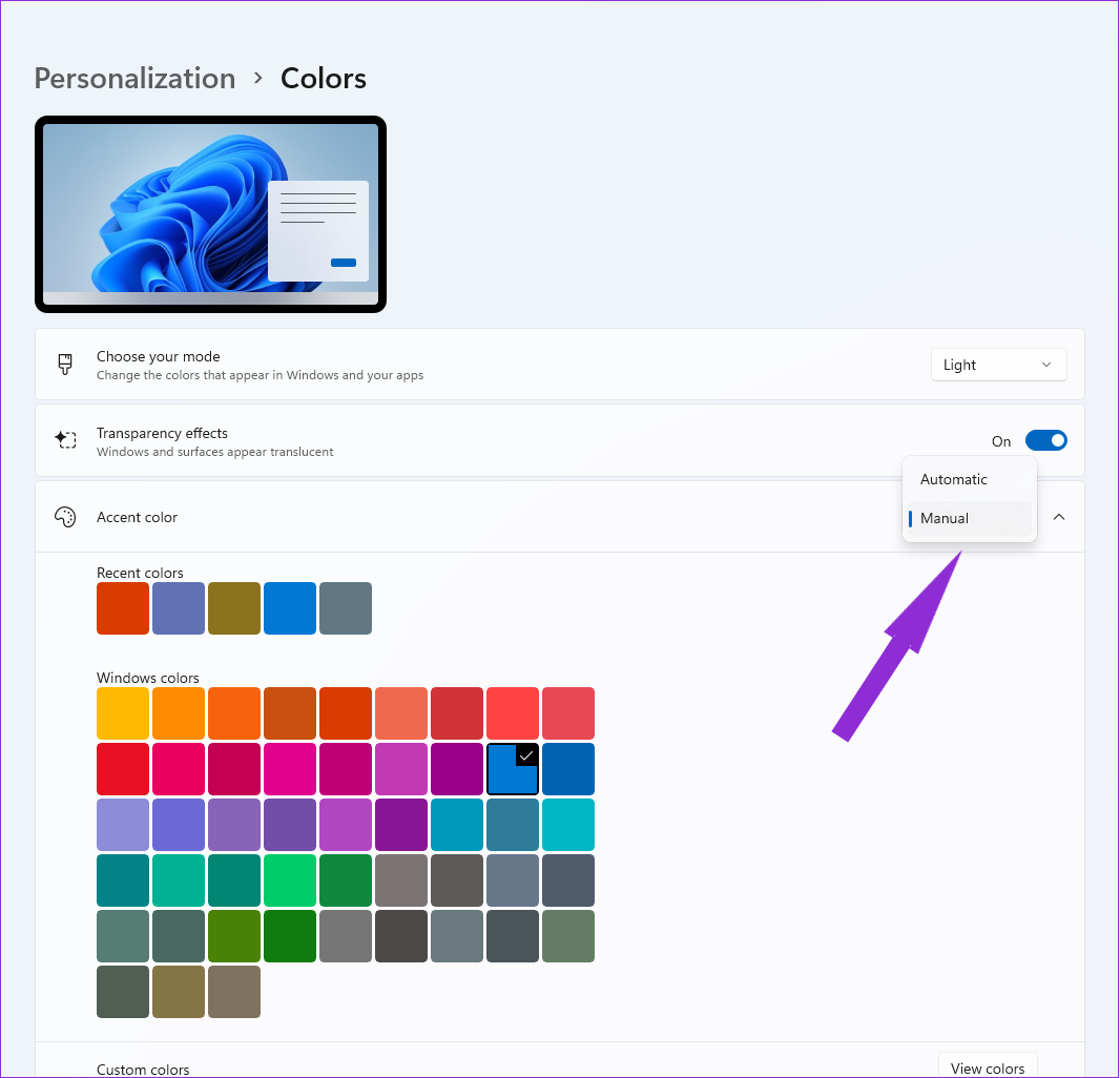 Change the accent color by using the Accent color dropdown menu