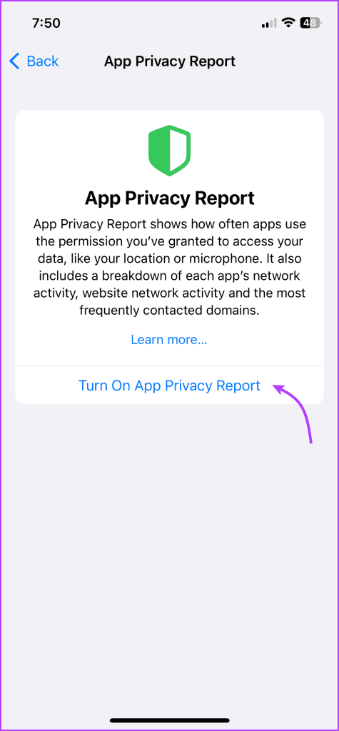 Tap Turn on App Privacy Report