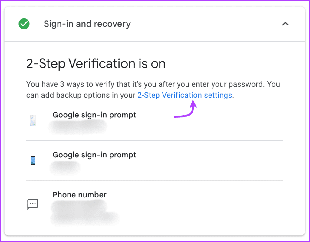 View devices or numbers trusted for two-step verification