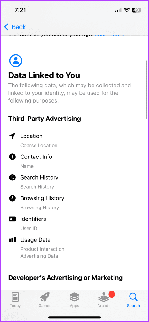 View privacy nutrition label