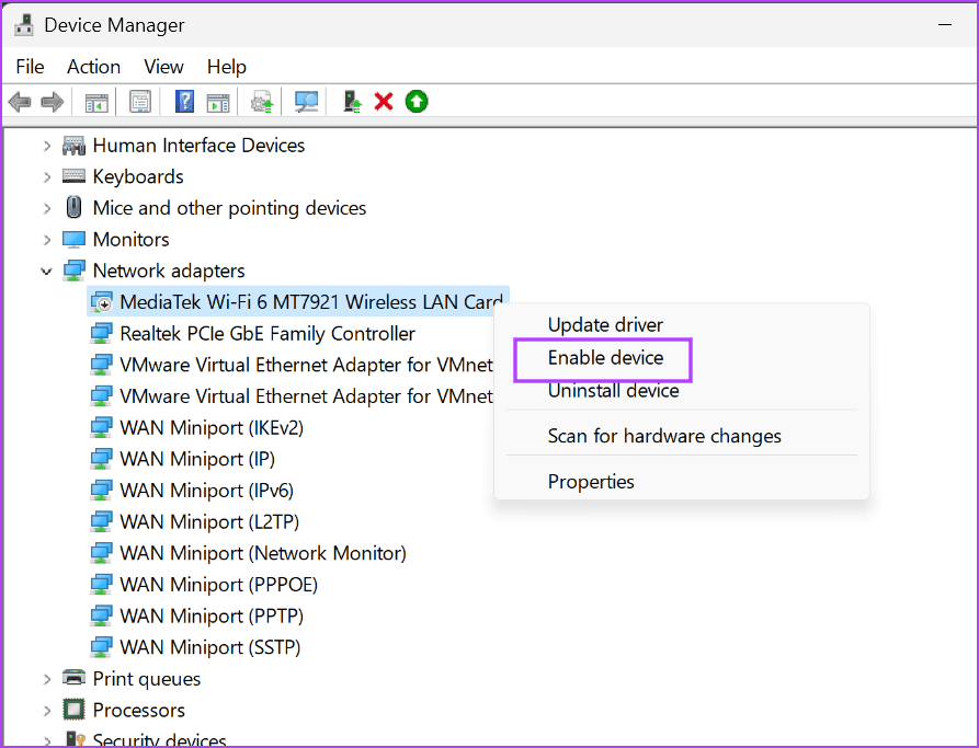 Enable WLAN Adapter In Device Manager