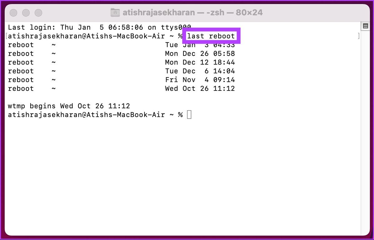 Type last reboot in the Terminal