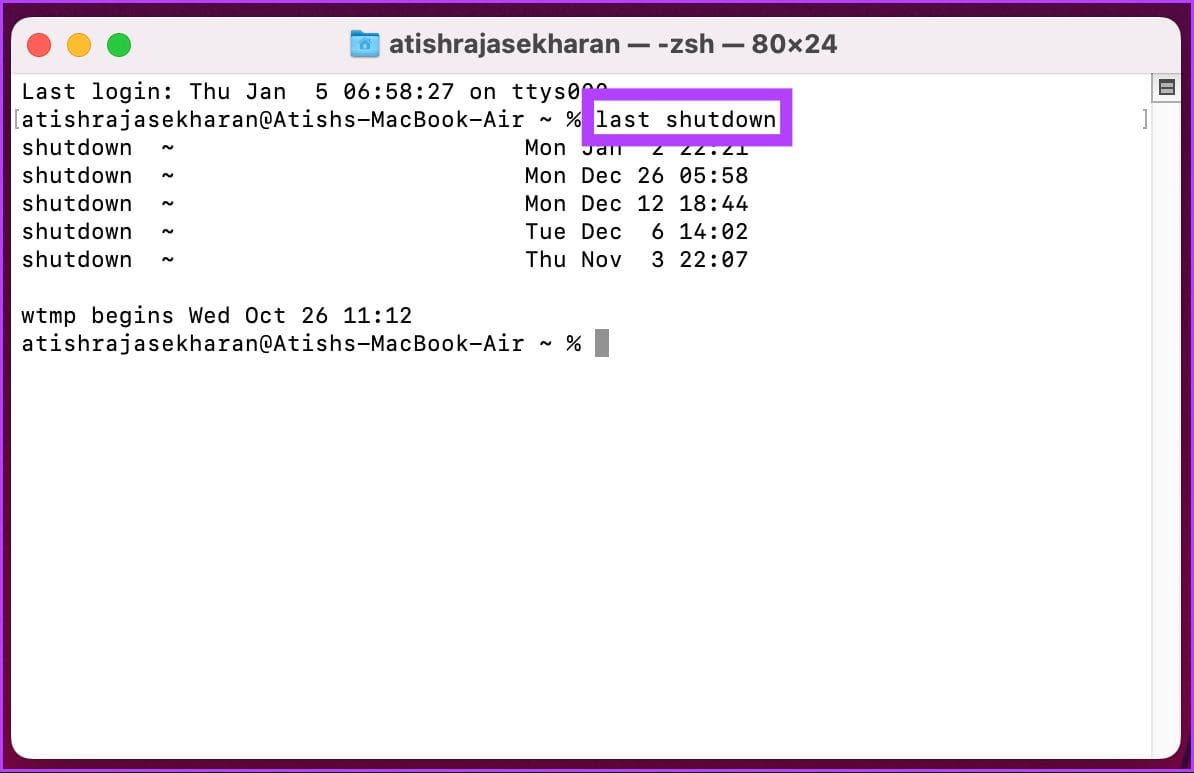 Type last shutdown in the Terminal