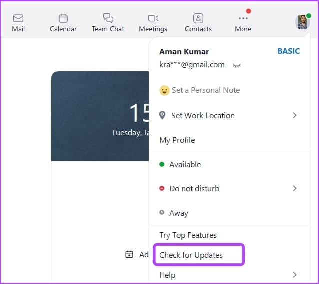 Check for updates option on Zoom