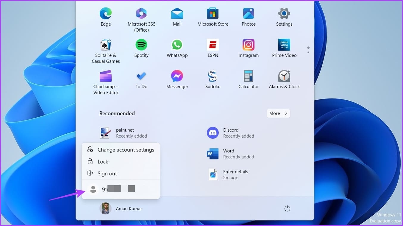 Choose Account in Start menu