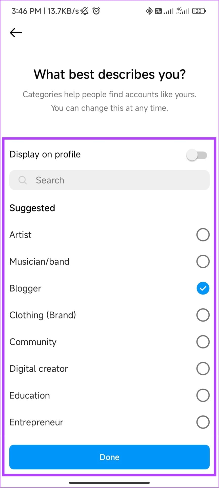 Choose account type and tap done
