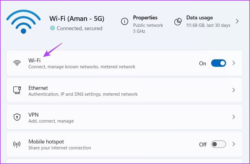Choose the Network type in Settings app
