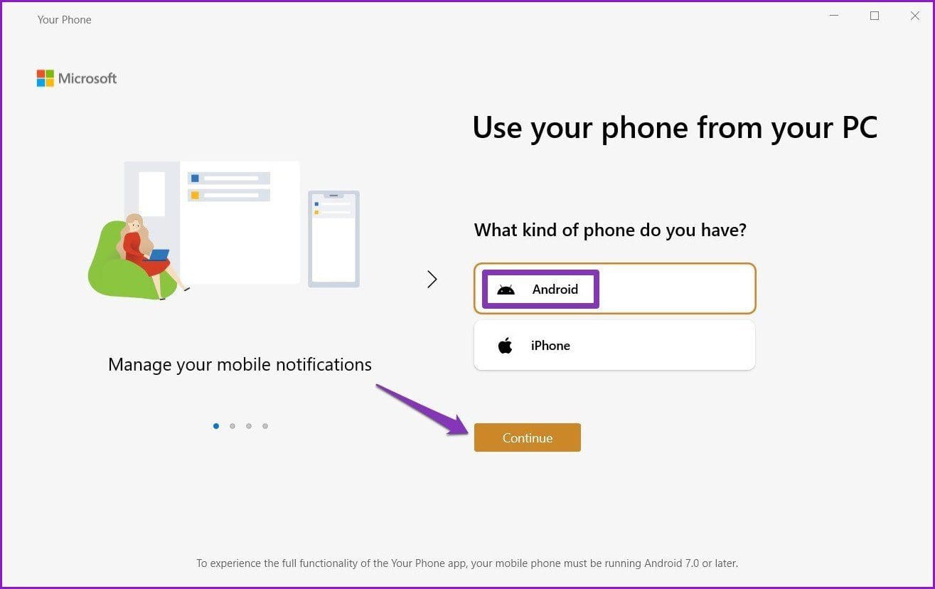 Choose the type of phone in Your Phone App