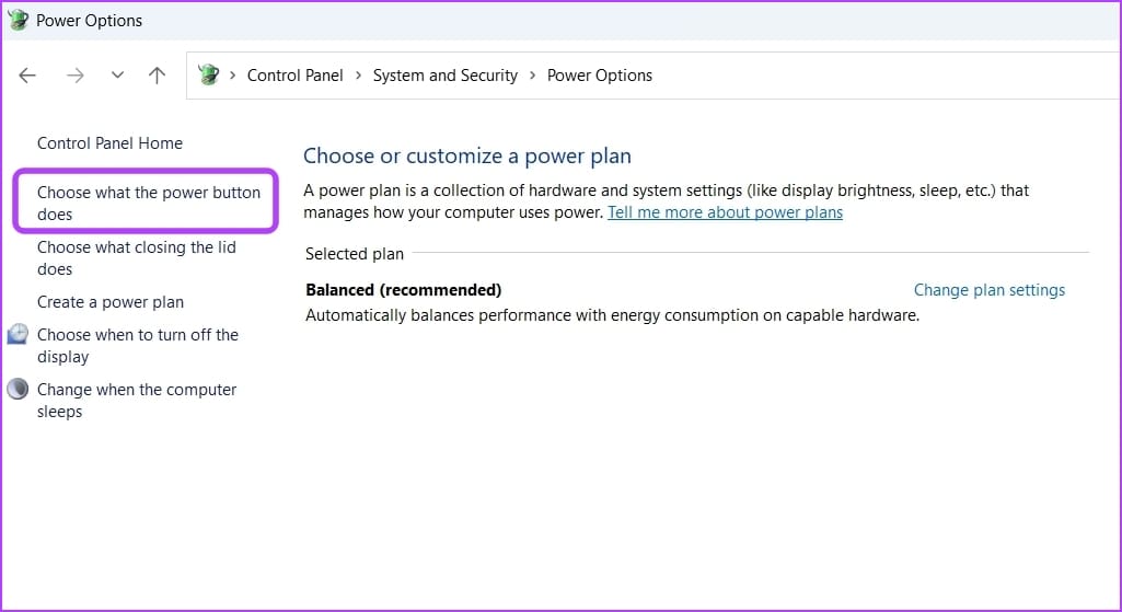 Choose what the power button does option in Control Panel
