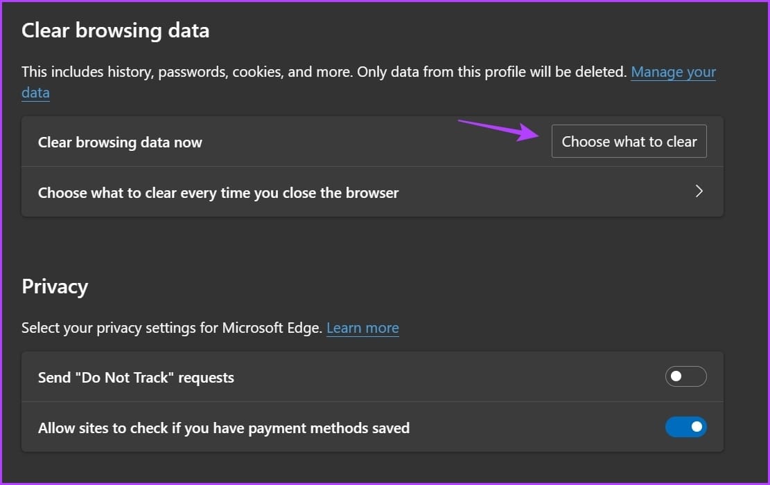 Choose what to clear option in Edge settings