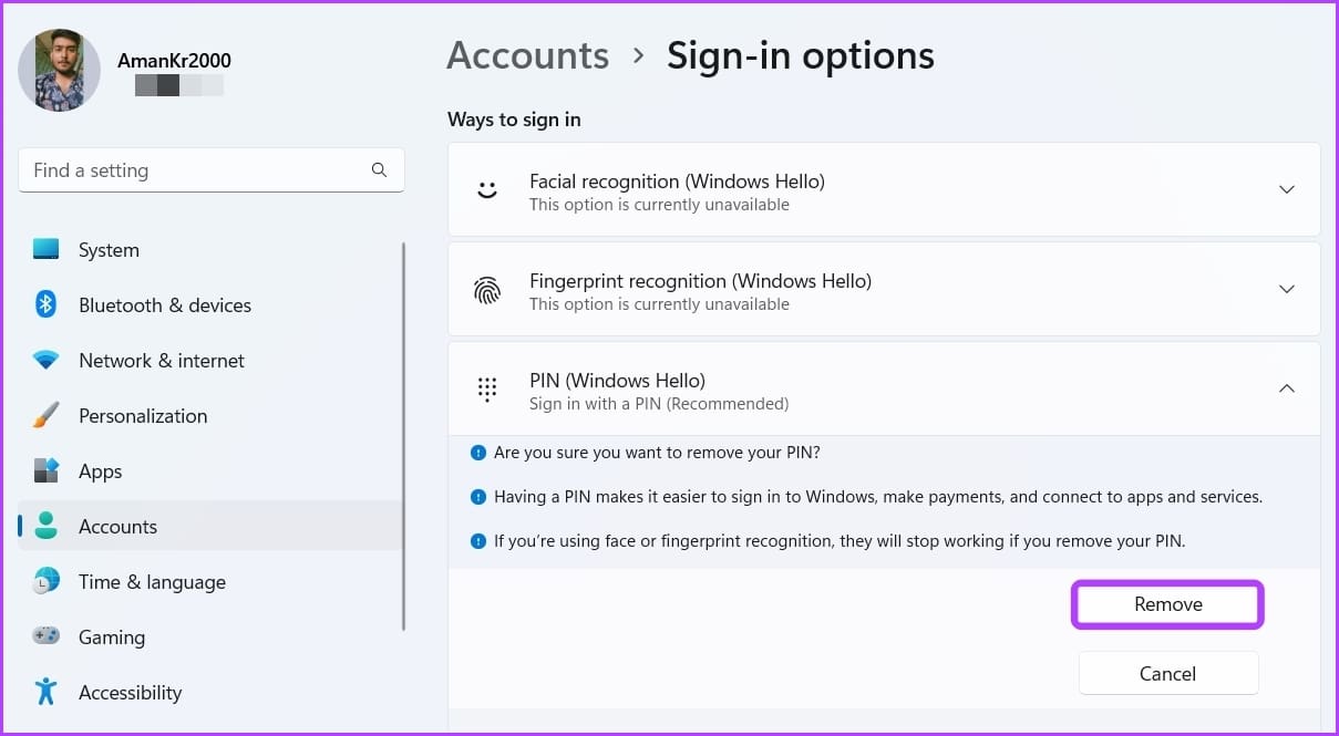 Choosing Remove option again for PIN login