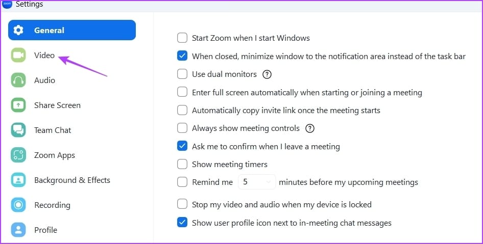 Choosing Video tab on zoom