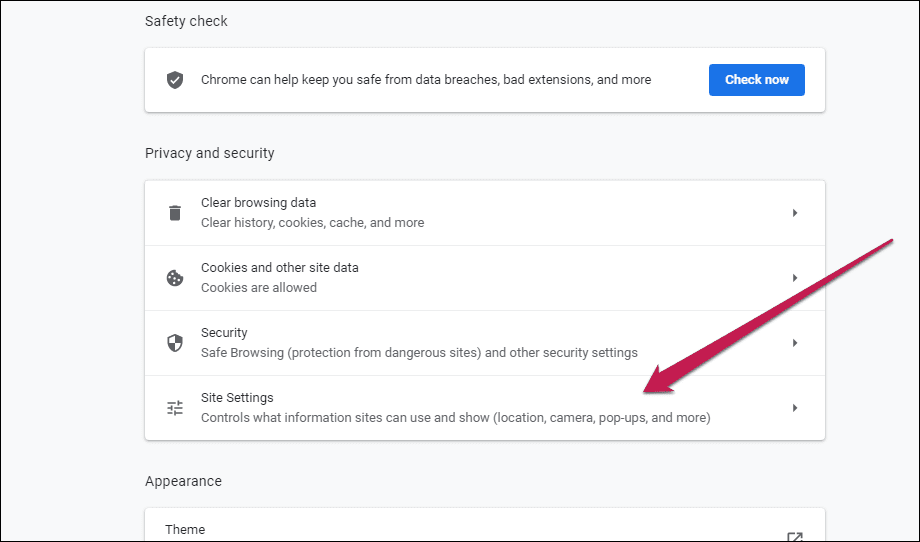 Chrome Site Settings