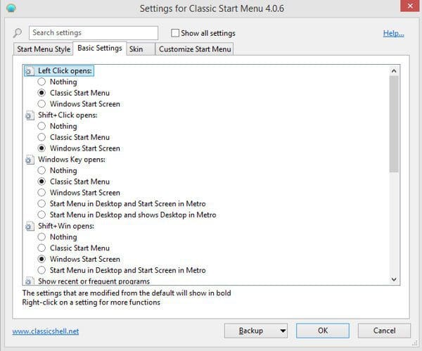 Classic Shell Options