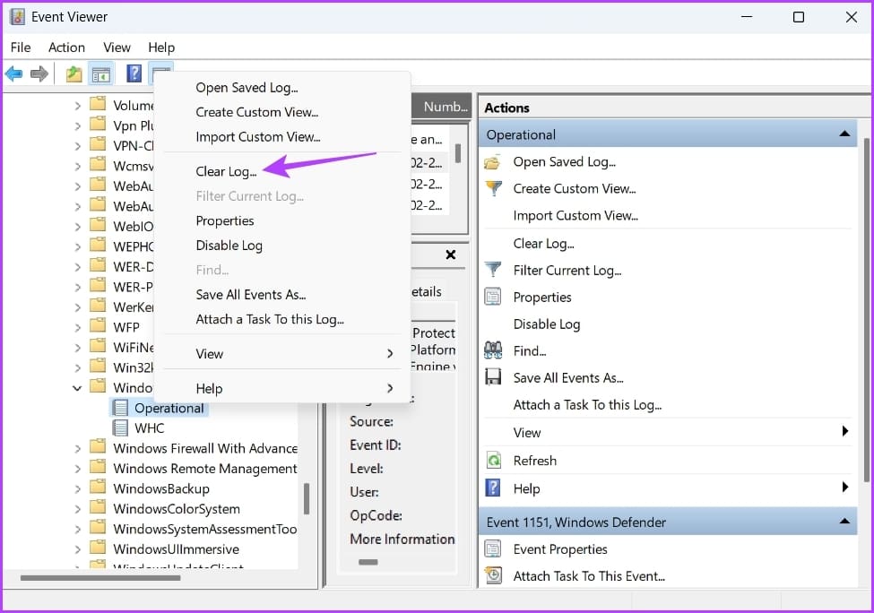 Clear log option in Event Viewer