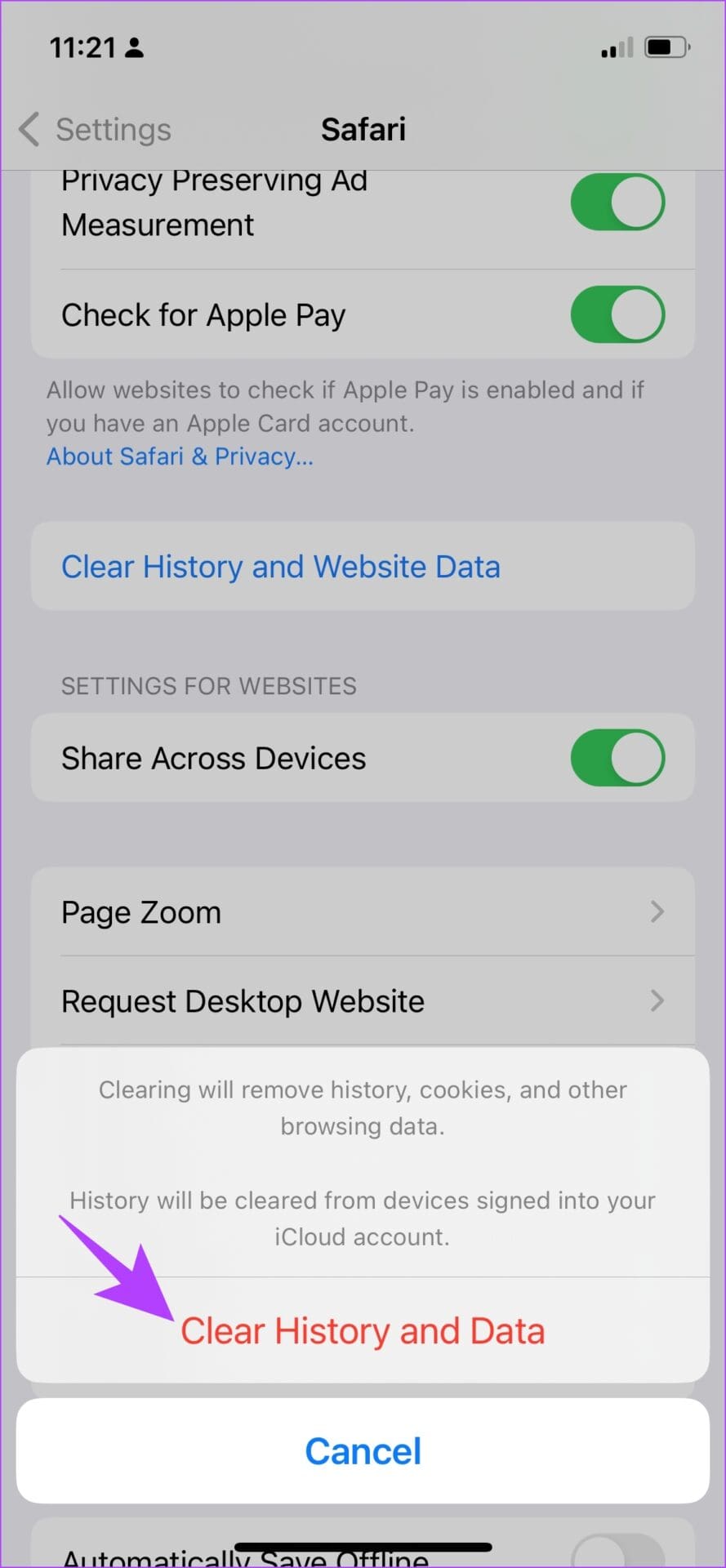 Click on Clear History and Data
