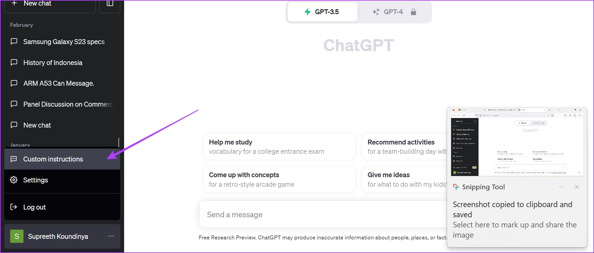Click on Custom Instructions