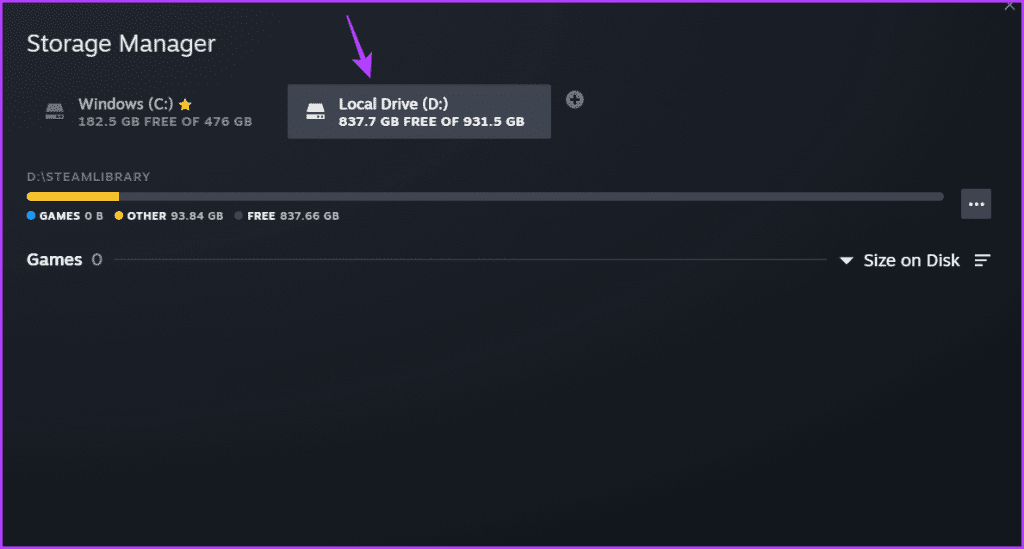 Click on Default drive in Steam