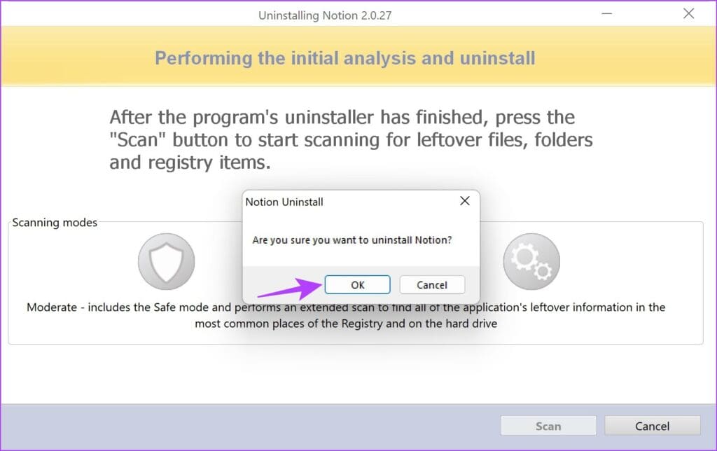 Click on OK to Uninstall