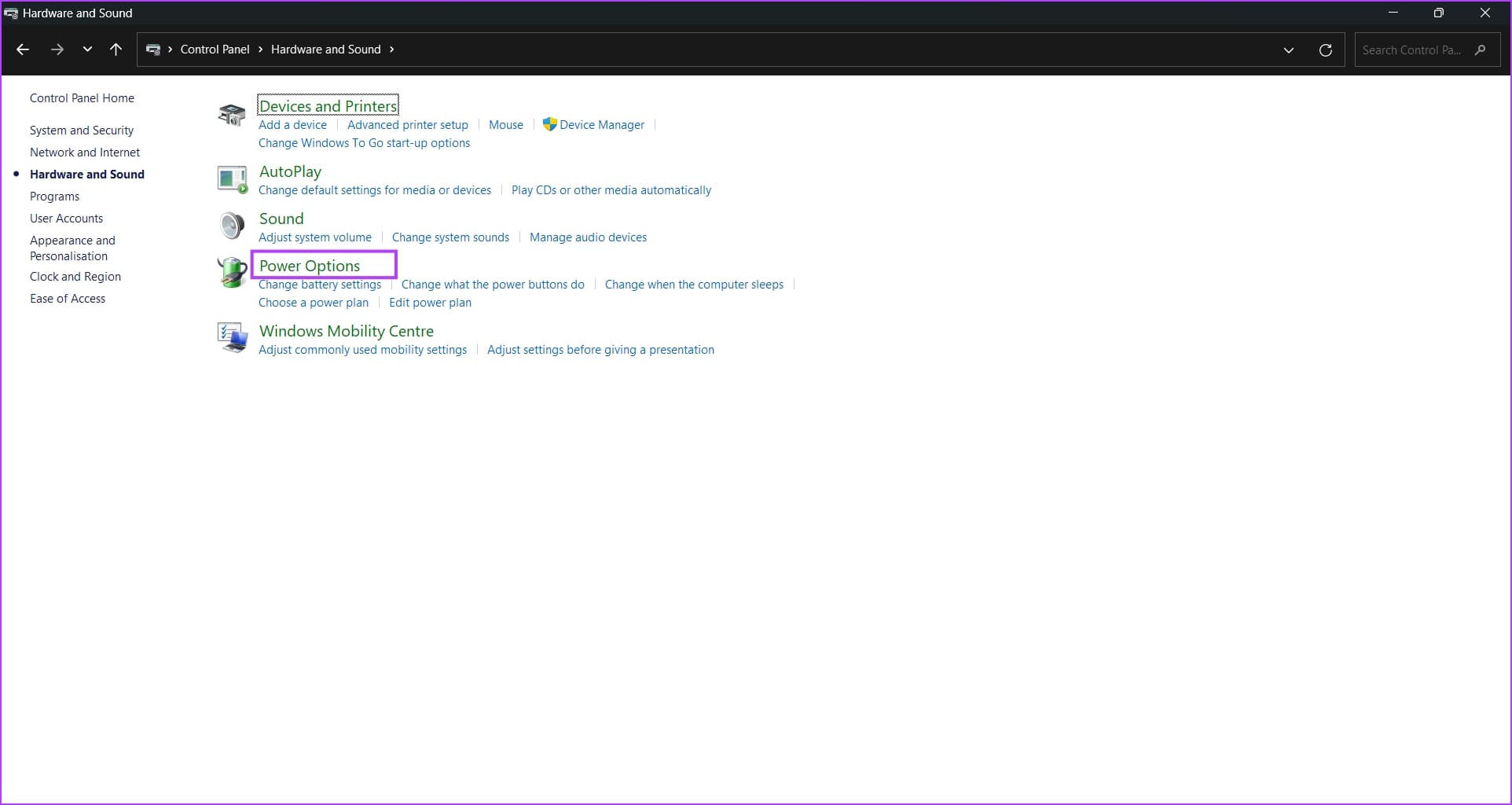Click on Power Options