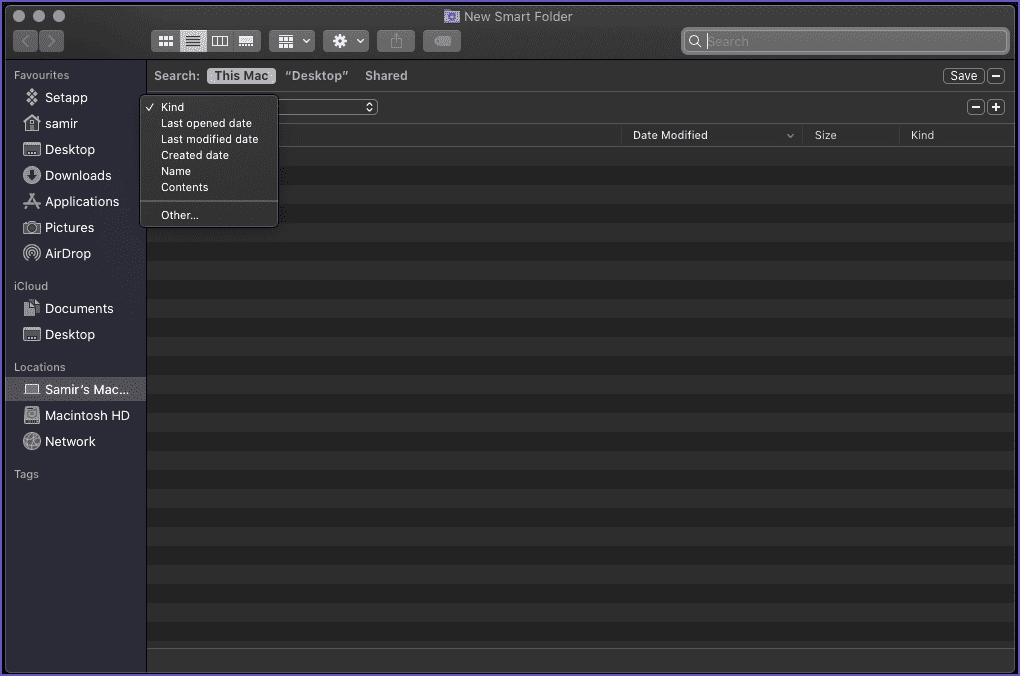 Click on the First Drop Down of the Finder Window Smart Folders