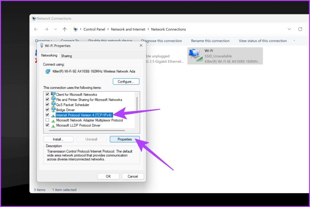Click on the ‘Internet Protocol Version 4 TCPIPv4 option to highlight it. Then click on Properties
