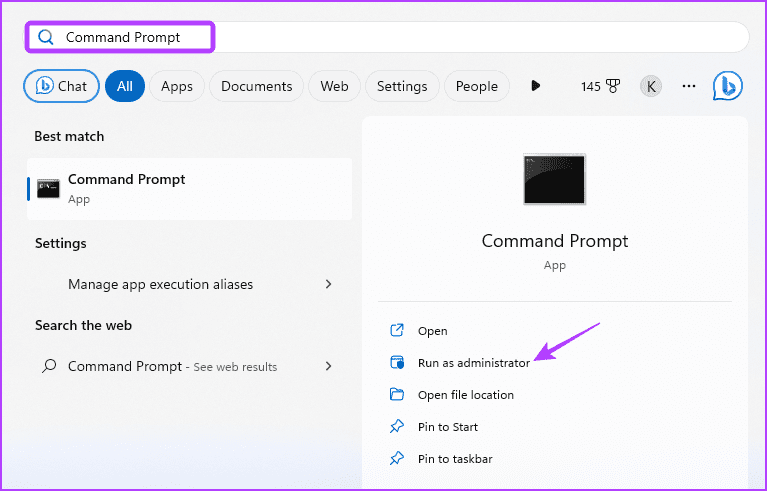 Command Prompt option in Start menu