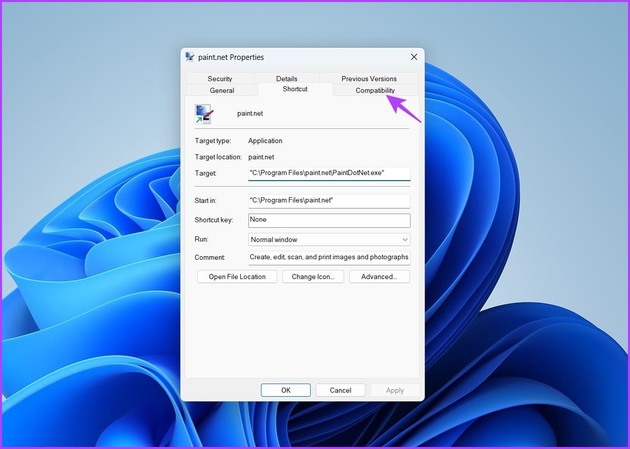 Compatibility tab in properties window