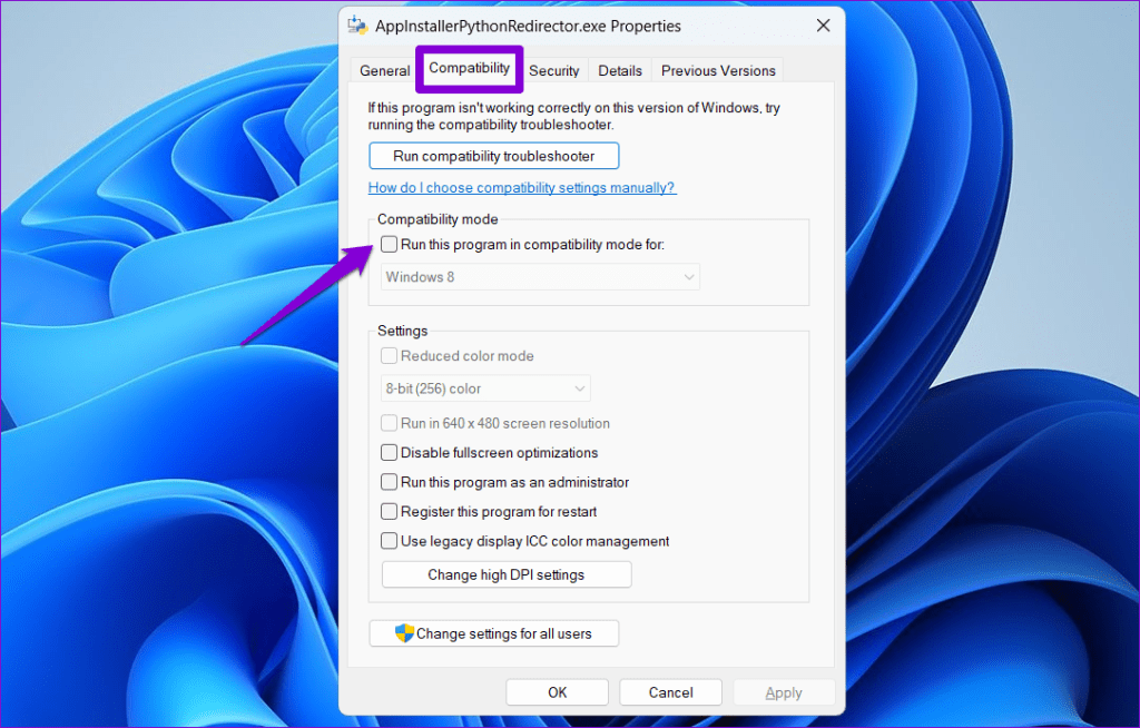 Compatibility Tab of EXE File