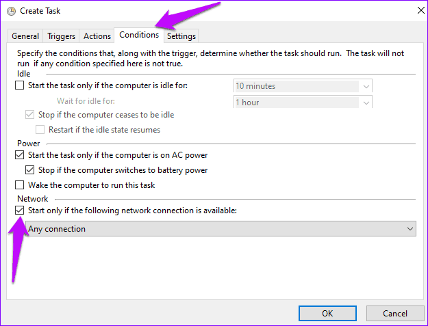 Conditions Tab Task Scheduler