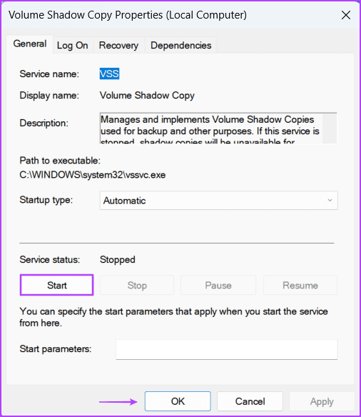 re-enable vss service