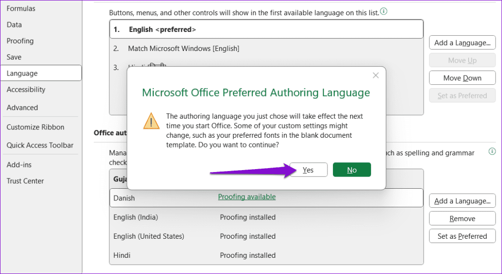 Confirm Change Authoring Language in Excel