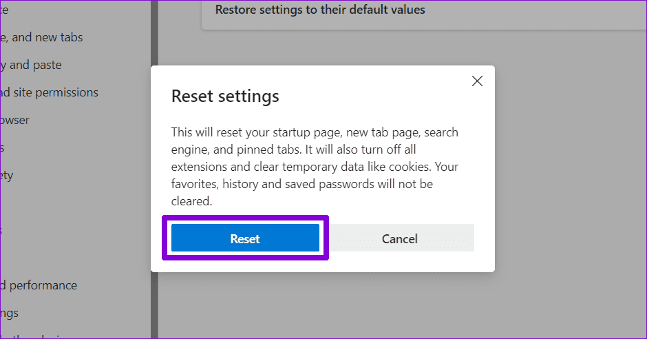 Confirm Reset Edge Settings