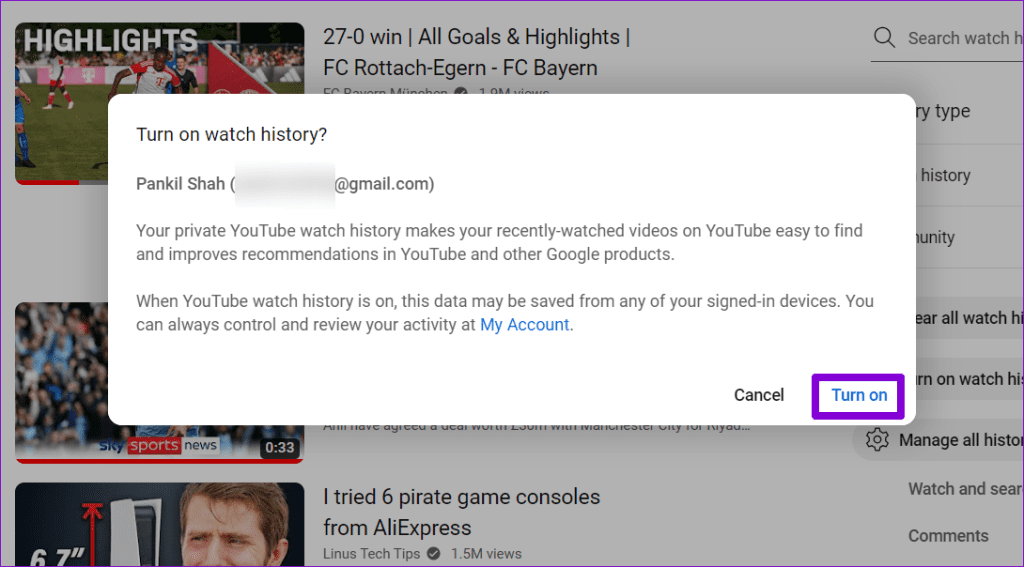 Confirm Turn On Watch History in YouTube