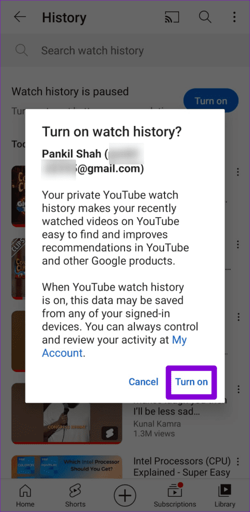 Confirm Turn On Watch History in YouTube for Mobile