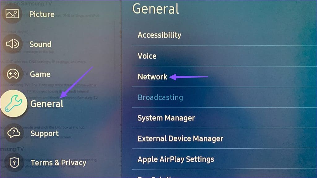 Open network on Samsung TV