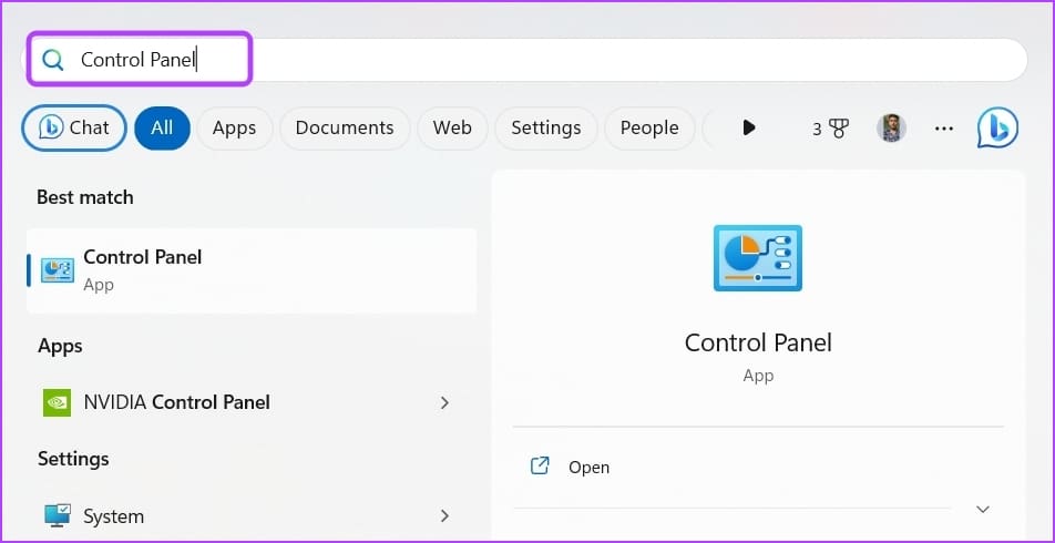 Control Panel in Start Menu