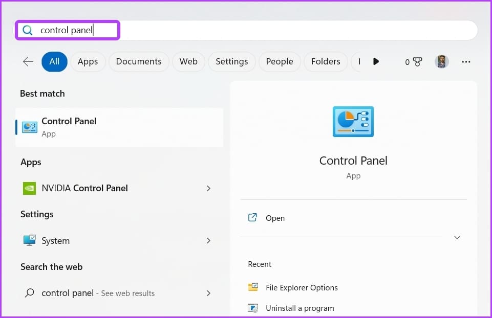 Control Panel in Start Menu