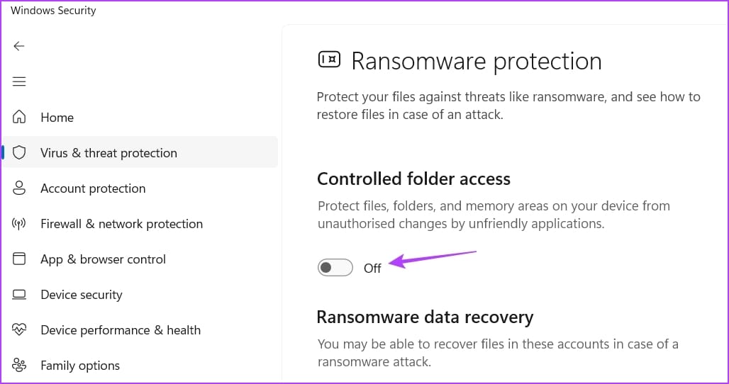 Controlled folder access toggle in Windows Security