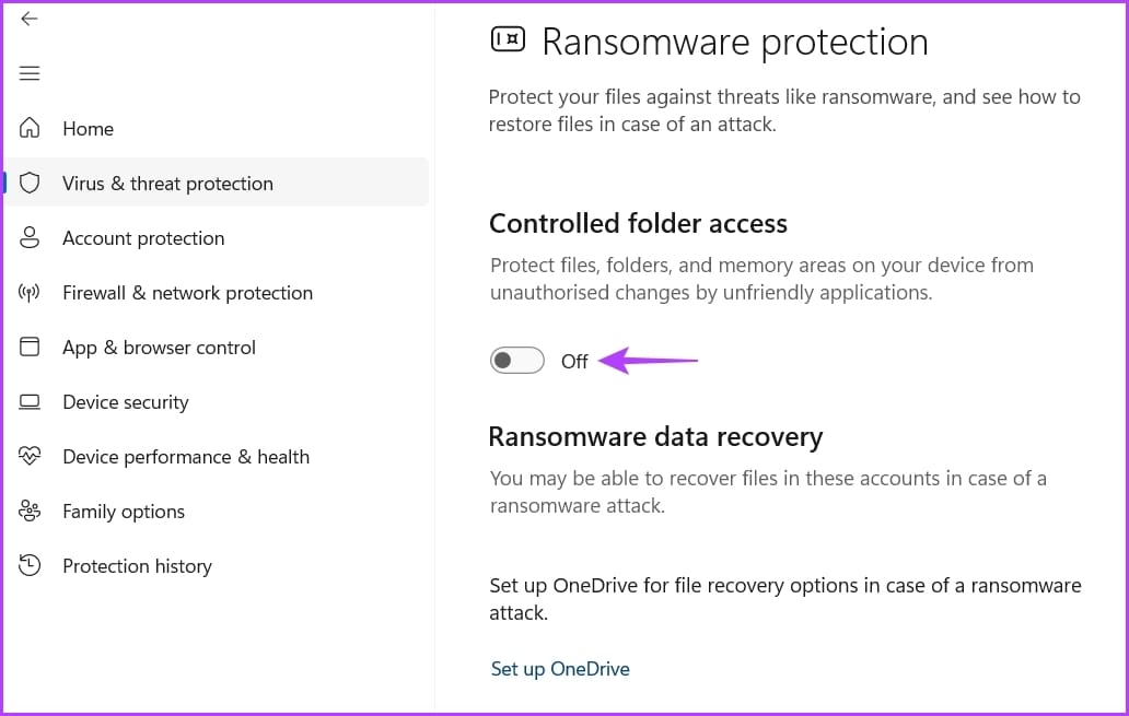 Controlled folder access toggle in Windows Security