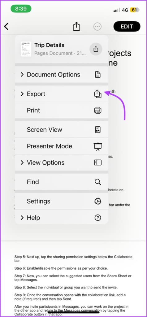 Select export from the options